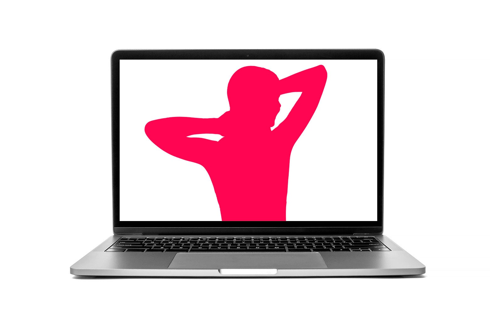 Laptop screen with a woman holding back her hair.