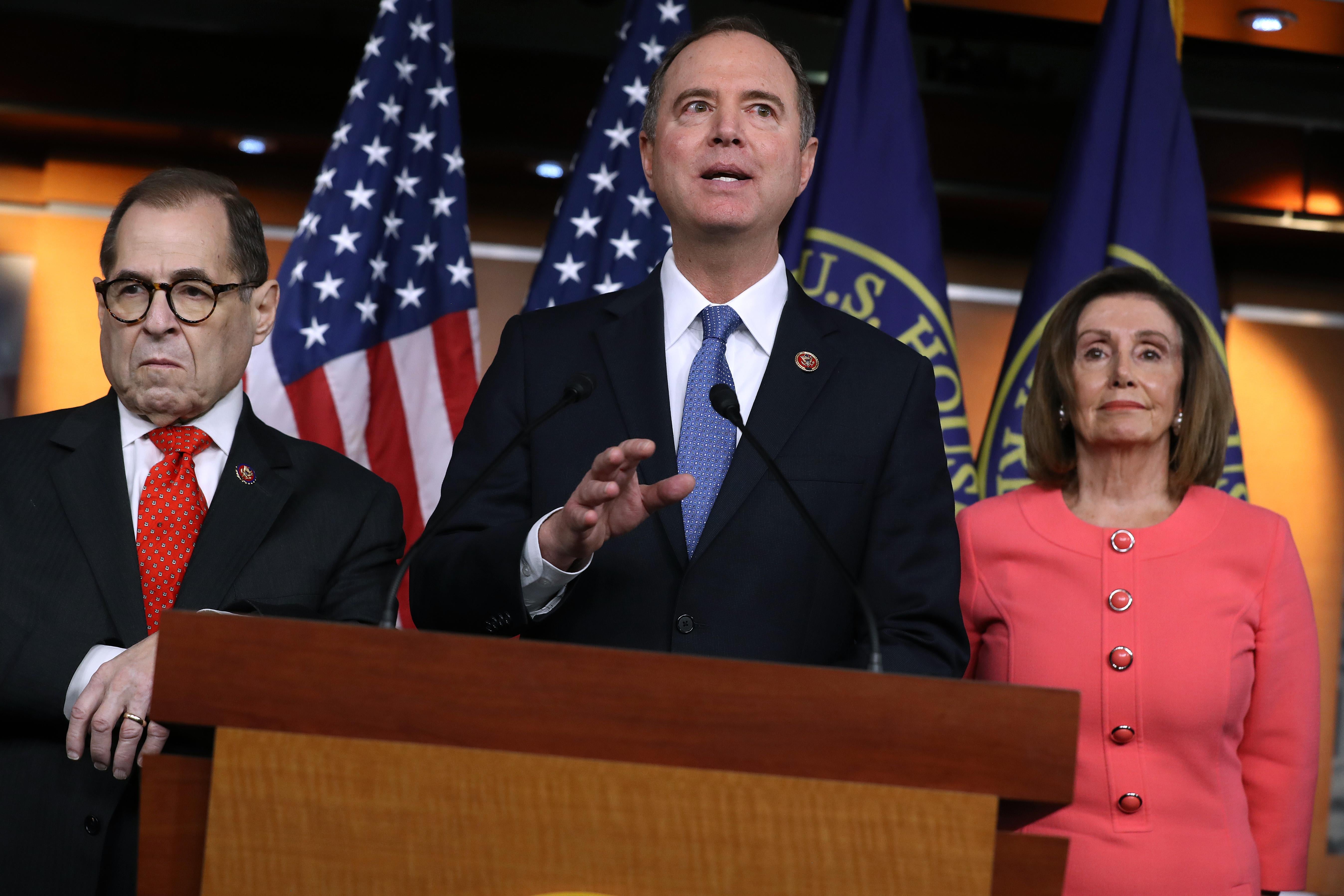 House Intelligence Committee Chairman Adam Schiff (D-CA) (C) speaks after U.S. Speaker of the House Nancy Pelosi (D-CA) (R) announces that he and House Judiciary Committee Chairman Jerrold Nadler (D-NY) and five additional members will be managers of the Senate impeachment trial of President Donald Trump at the U.S. Capitol January 15, 2020 in Washington, D.C. 
