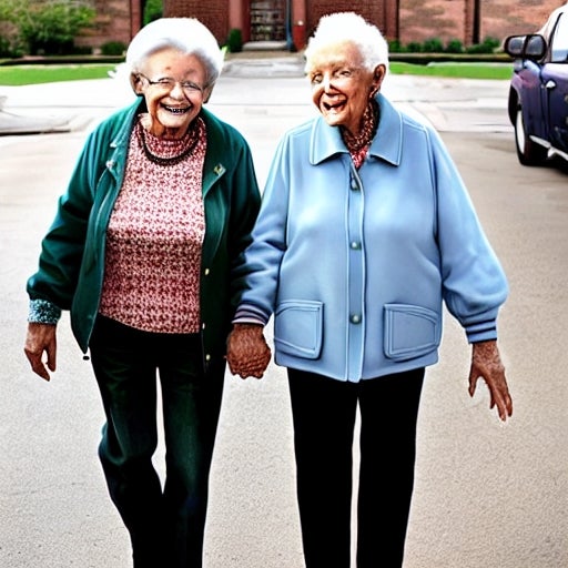 Two older ladies holding hands. Again, uncanny valley issues abound.