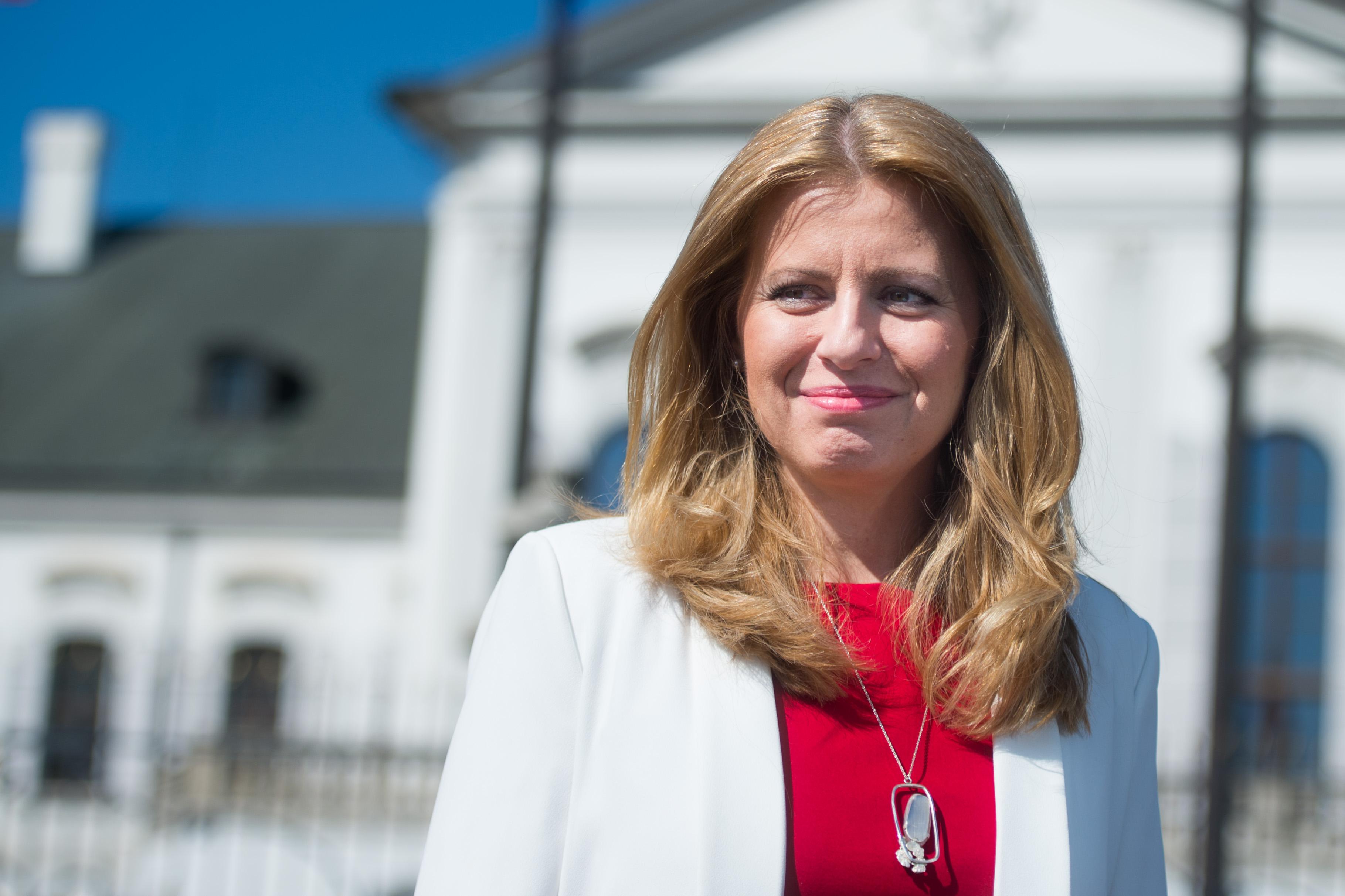 Newly elected Slovakia's President elect Zuzana Caputova speaks to a journalist in the front of the Presidential palace in Bratislava, Slovakia on March 31, 2019.