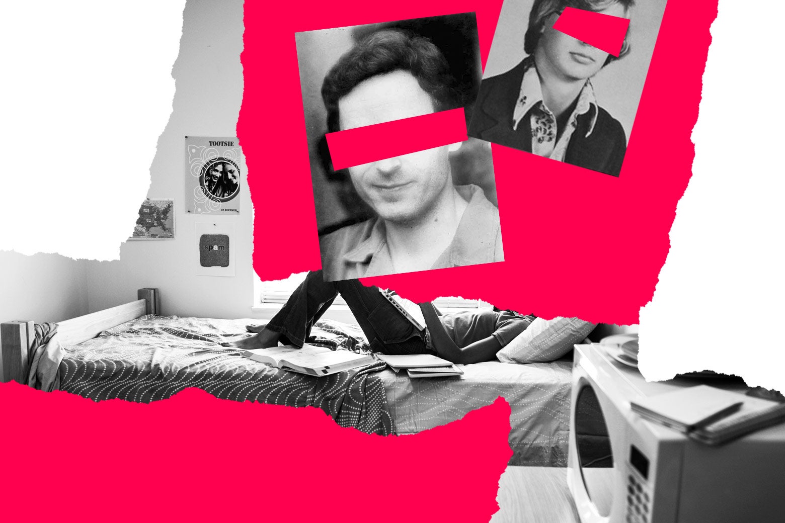 Photos of serial killers superimposed against a background depicting a woman lying in bed. 