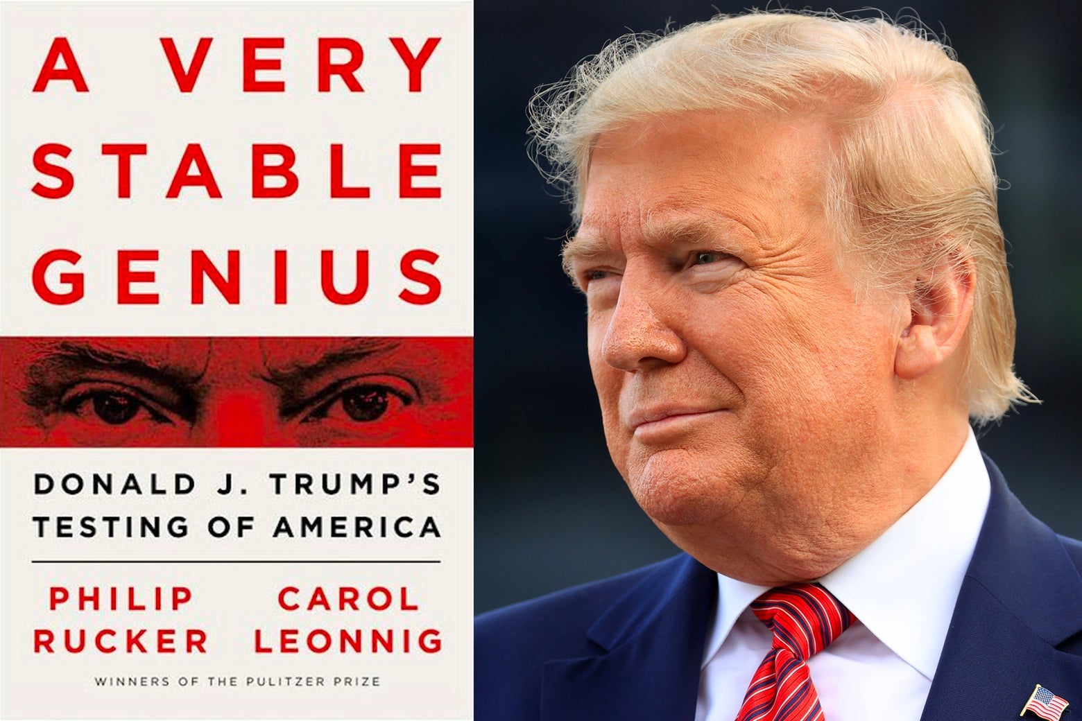 Cover of a book about Donald Trump alongside a photo of Trump.