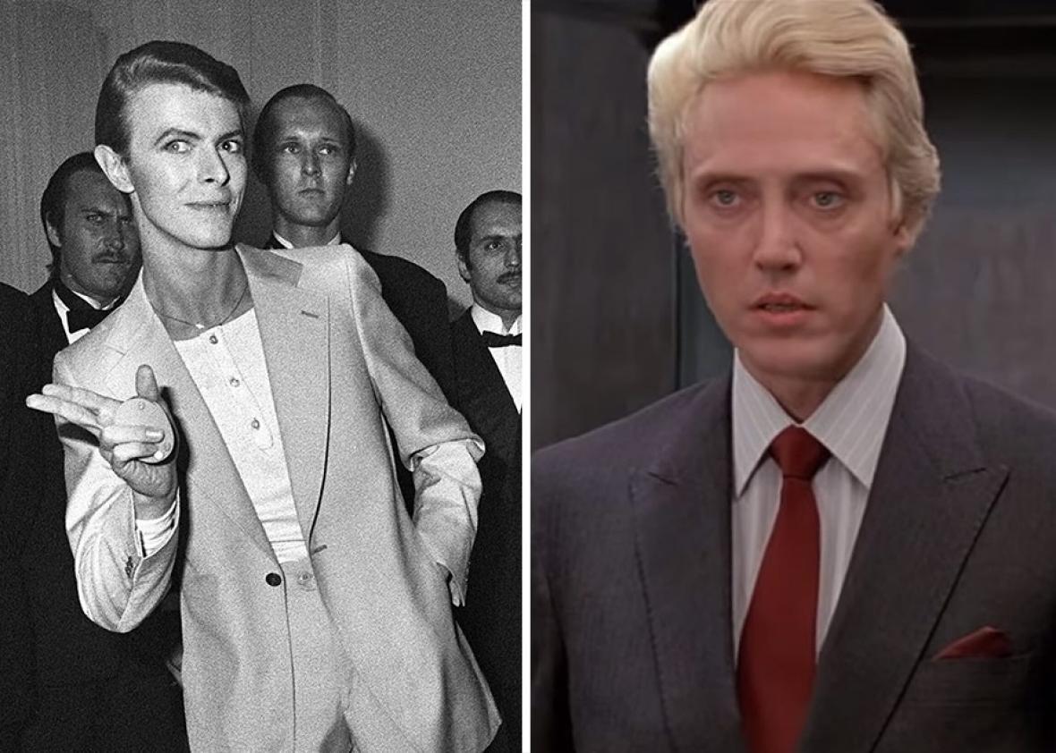 David Bowie (L) and Christopher Walken as Max Zorin in A View to Kill (R).