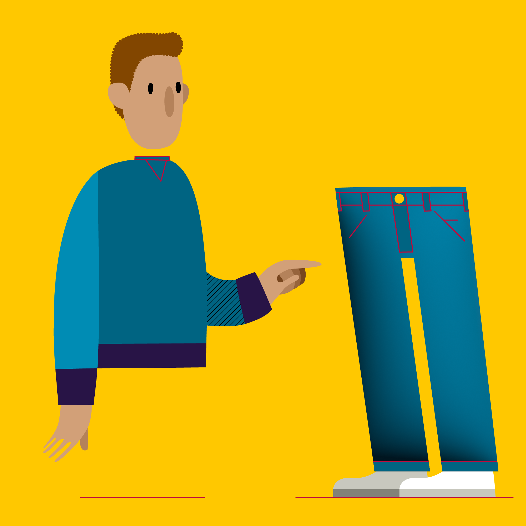 An illustration of a man in a blue shirt, without legs. The legs are next to him. He's pointing to them.