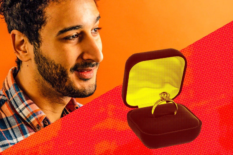 Aymann Ismail and an engagement ring in a box.