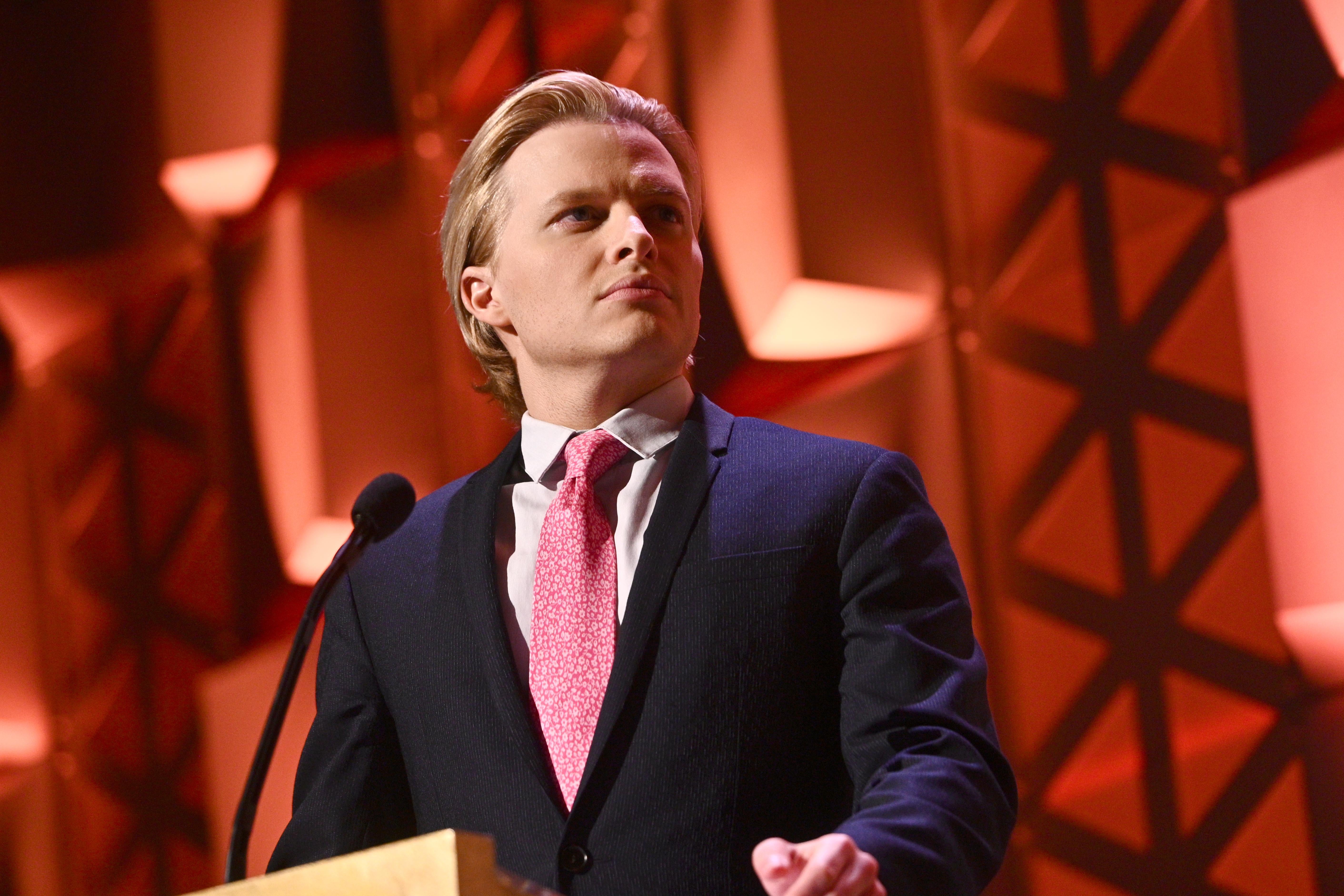 Ronan Farrow, in front of a podium from the torso up, speaks onstage at the Peabody Awards Ceremony Sponsored By Mercedes-Benz at Cipriani Wall Street on May 18 in New York.
