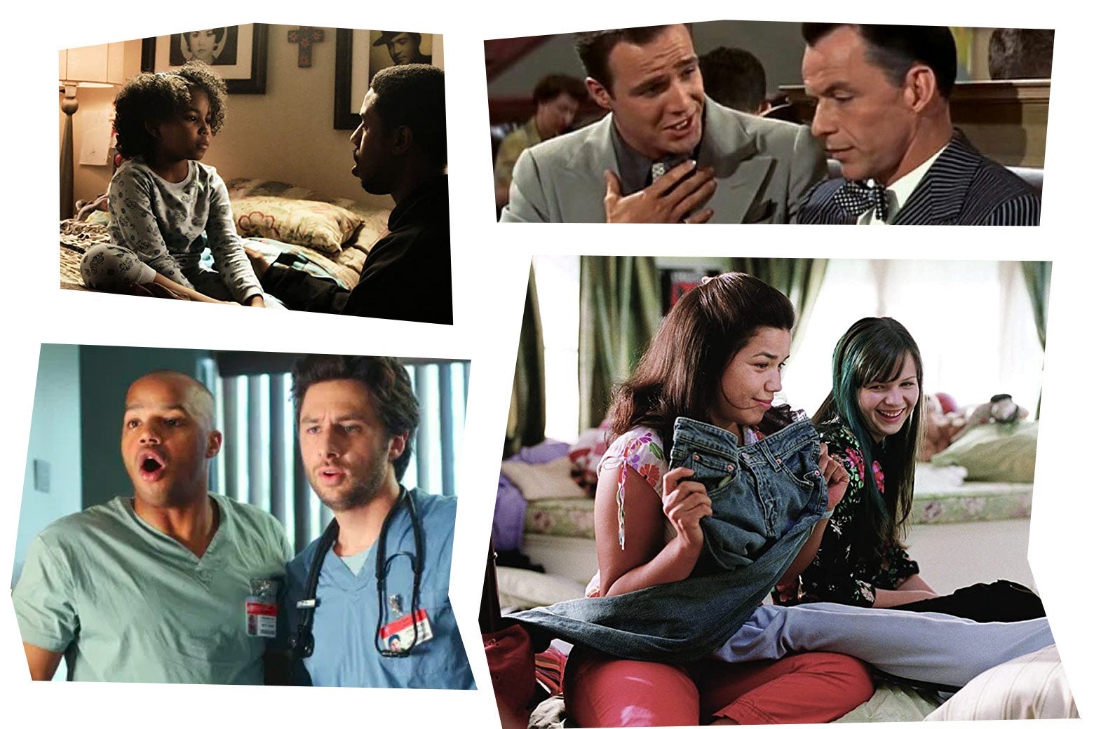 Stills from each of the movies in a mosaic art style: Michael B. Jordan kneels next to Ariana Neal who is sitting on a bed; Marlon Brando and Frank Sinatra; Zach Braff and Donald Faison look open-mouthed at something off camera; America Ferrara sits on a bed, holding up a pair of jeans, Amber Tamblyn sitting behind her.