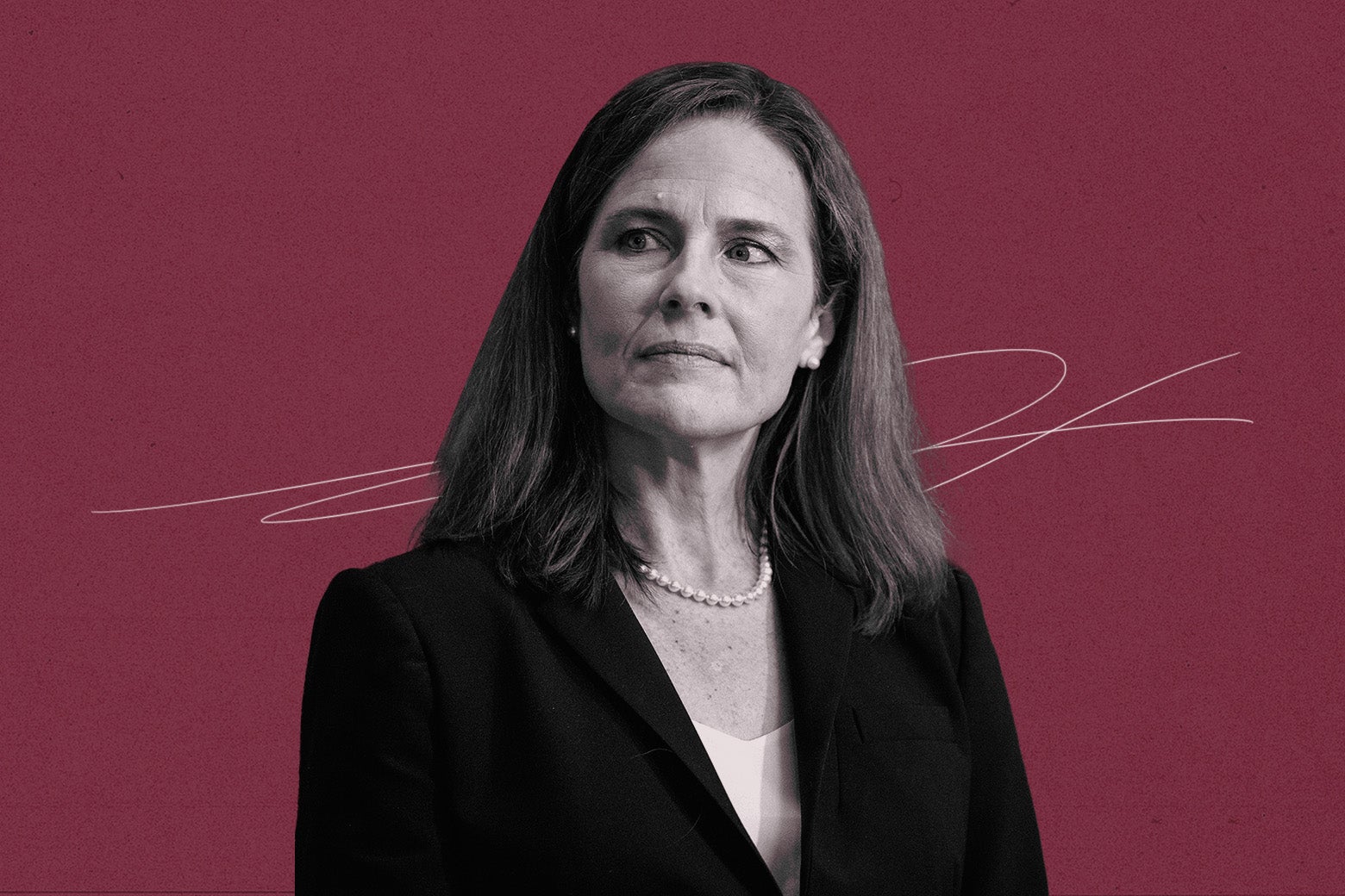 Justice Amy Coney Barrett with an indecipherable frown and a scribble behind her.