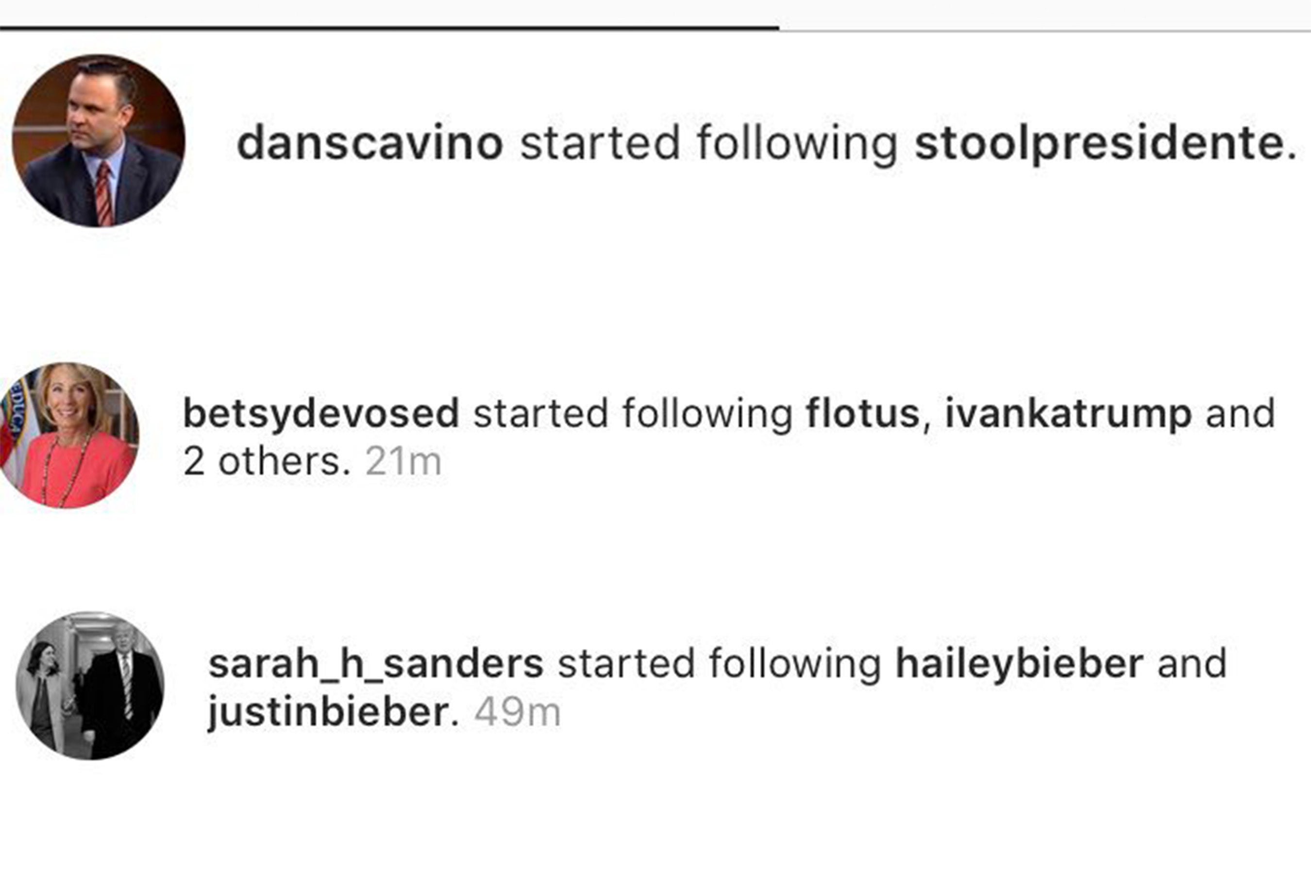Dan Crenshaw, Betsy DeVos, and Sarah Huckabee Sanders follow David Portnoy, the Trump women, and Hailey and Justin Bieber, respectively.