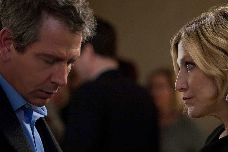 In a scene from The Land of Steady Habits, Helene, played by Edie Falco, glowers at Anders, played by Ben Mendelsohn.