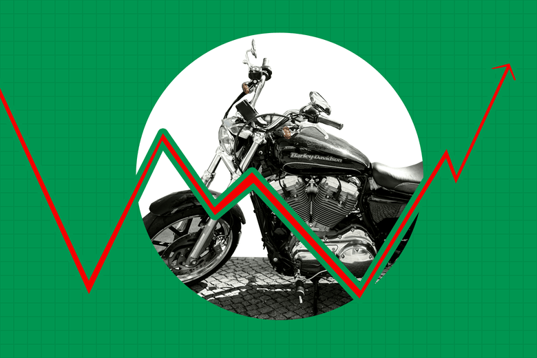 A Harley-Davison motorcycle is seen in the middle of a stocks chart.
