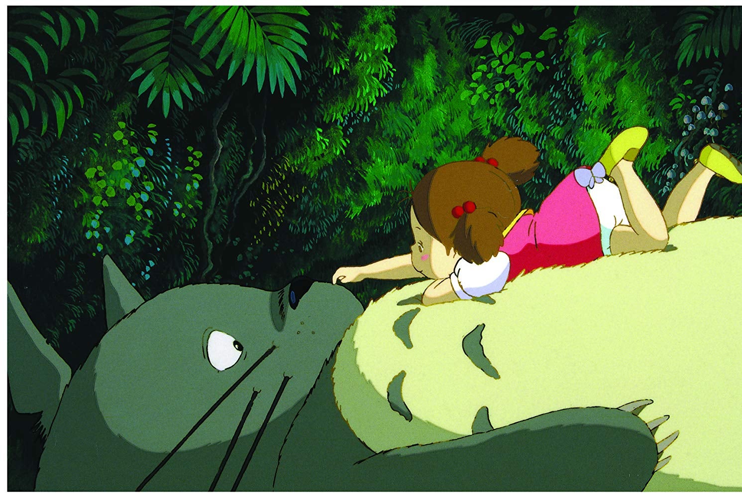 A small, red-haired girl lounges on the stomach of an enormous rotund creature that somewhat resembles a cat and an owl.