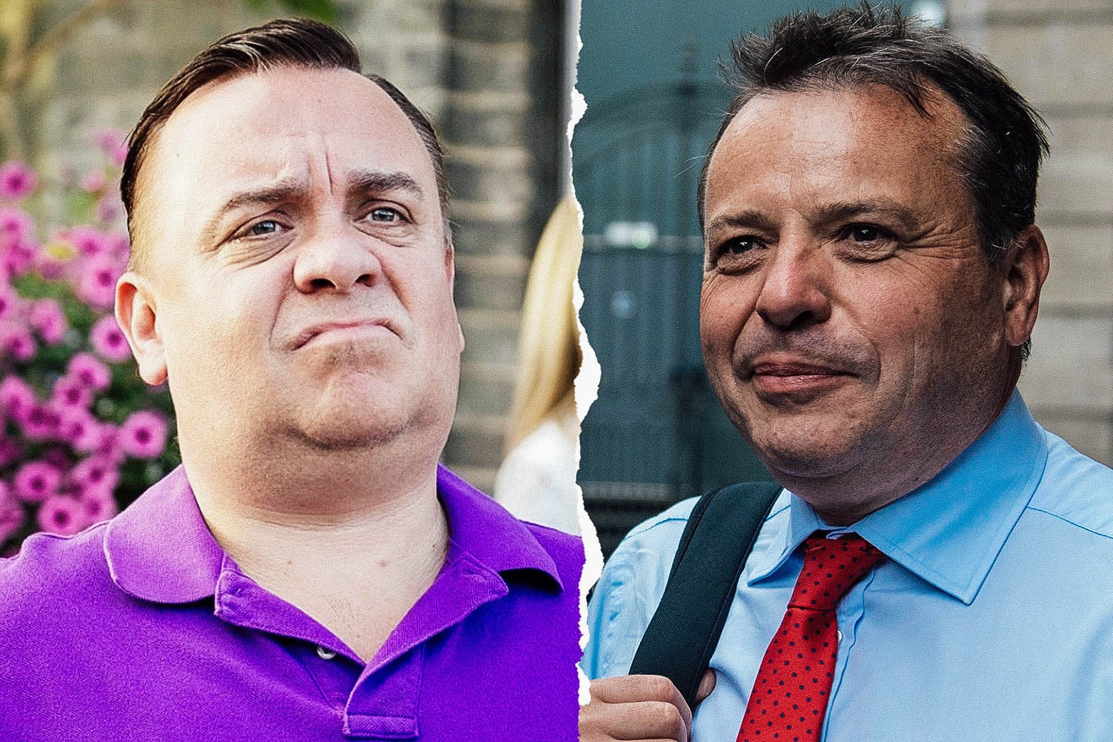Lee Boardman as Arron Banks, and the real Arron Banks.