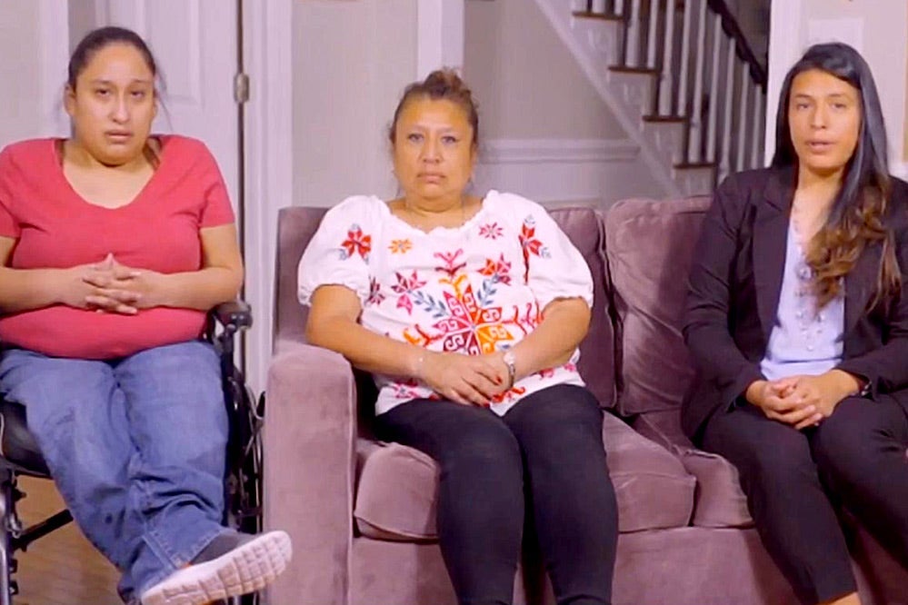 Jessica, Silvia, and Lucy Sanchez, sitting in a living room and speaking