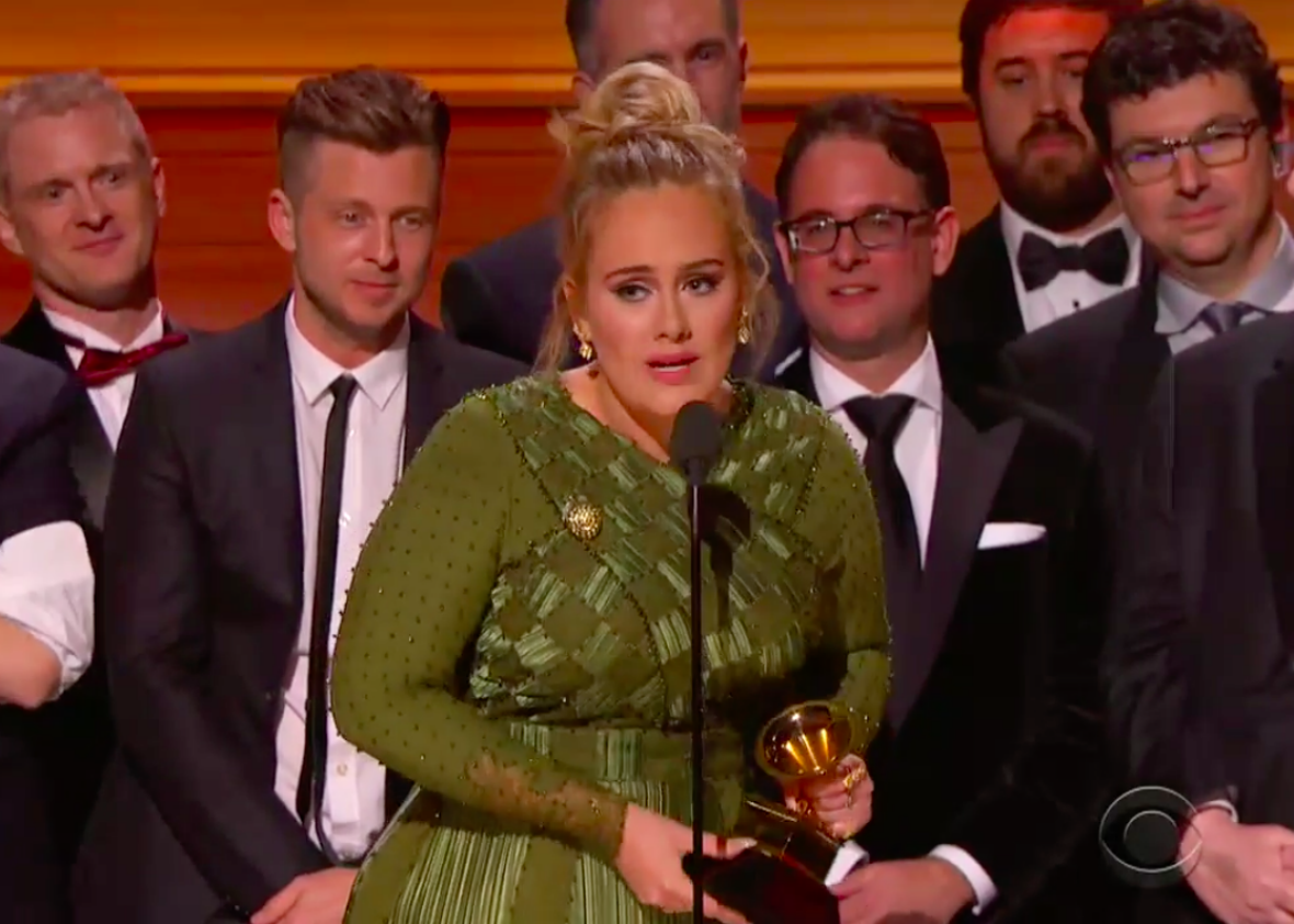 Adele accepts Album of the Year at the Grammys