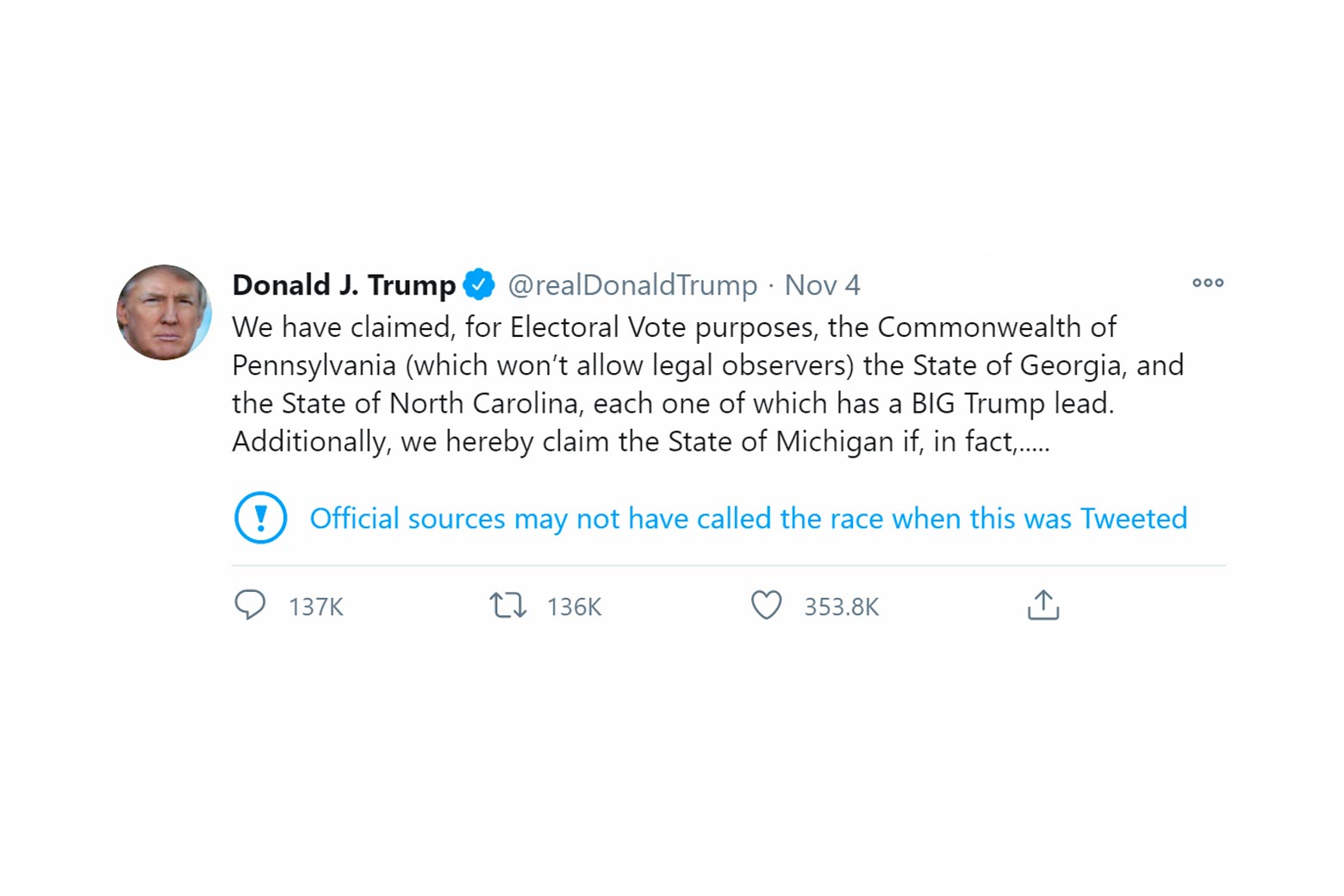 Trump tweet claiming victory in Pennsylvania, Georgia, and North Carolina, with a Twitter label underneath that says “Official sources may not have called the race when this was Tweeted”