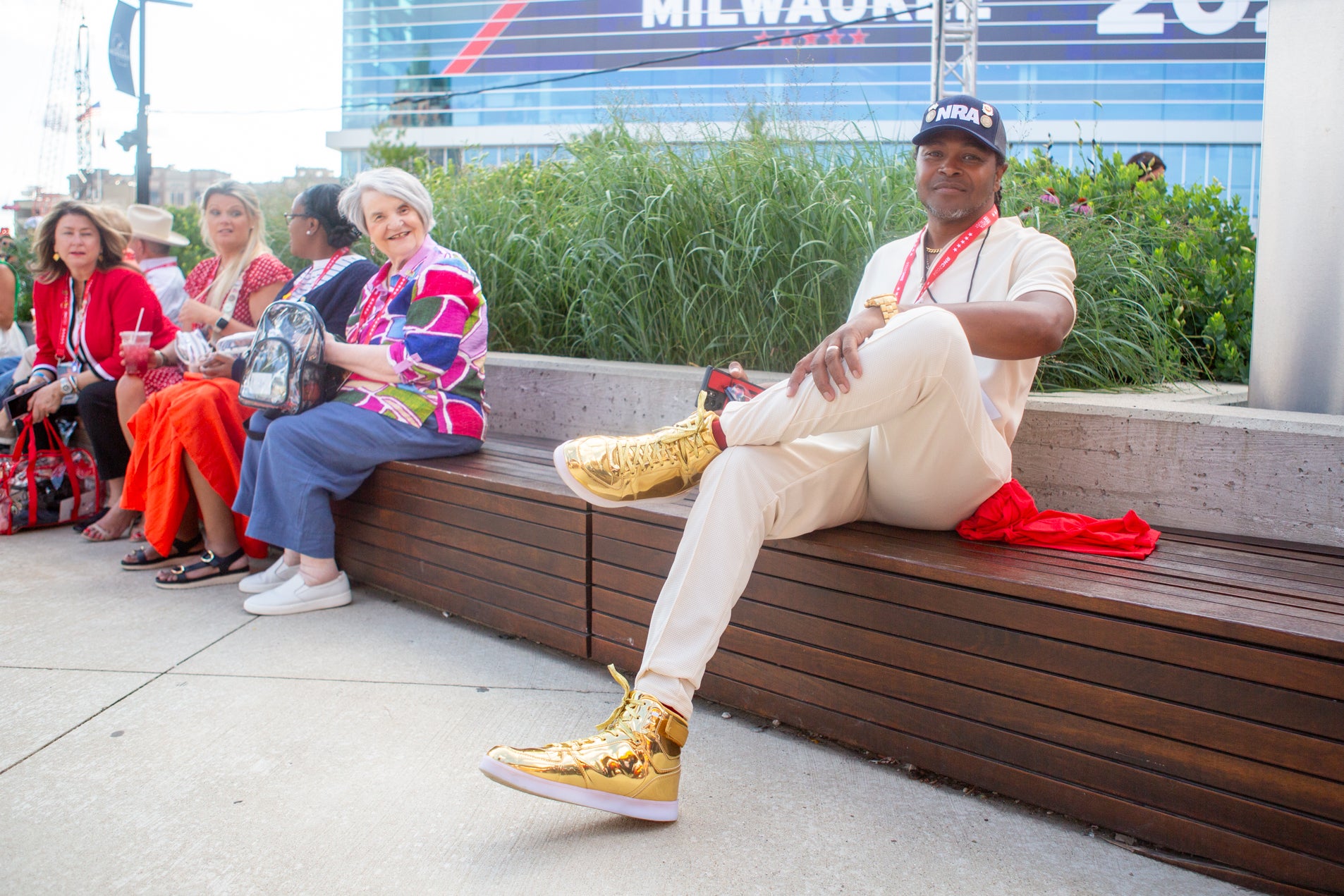 Gerald Maze came to the RNC from Kansas to take in the energy and show off his off-brand Trump shoes that his daughter bought for him from Amazon.