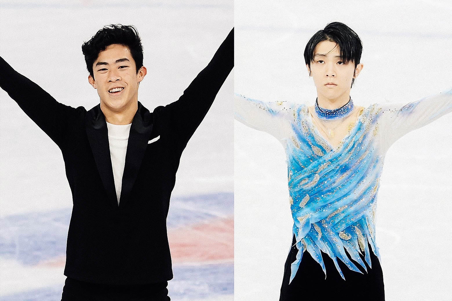 Chen grinning and Hanyu frowning as they both raise their arms on the ice in separate photos side by side