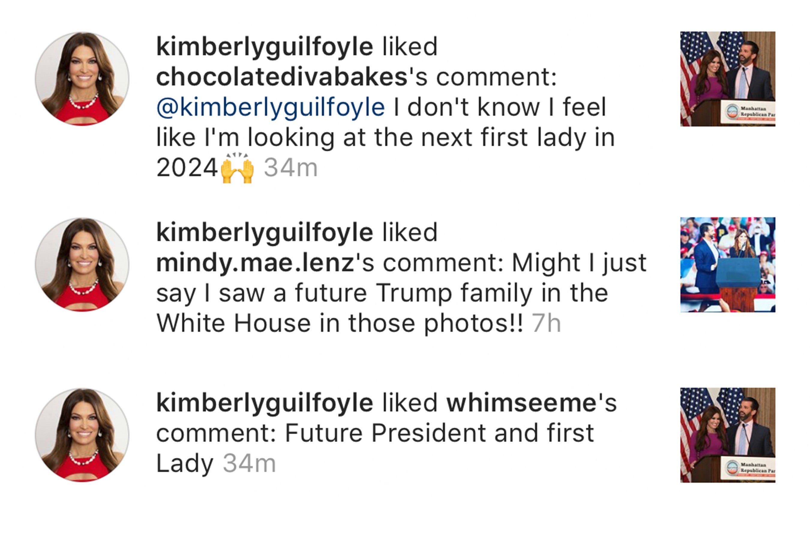 Kim Guilfoyle faves a series of comments referring to her as a future first lady.