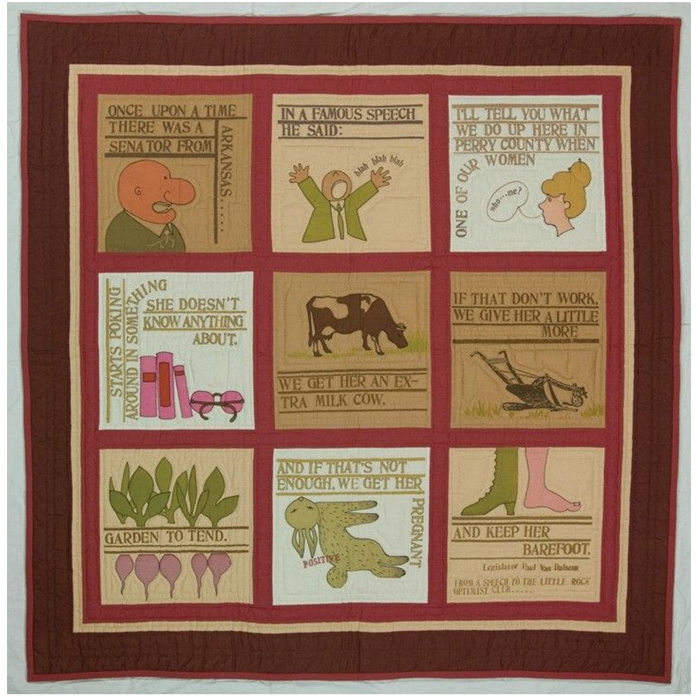 A quilt featuring Van Dalsem's quote spelled out across the boxes.