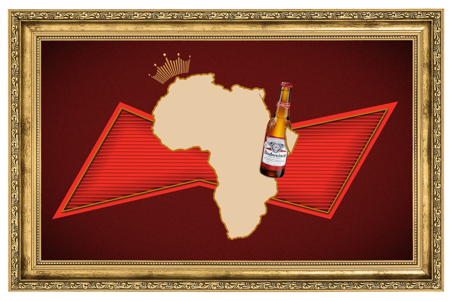 Silhouette of the continent of Africa wearing a crown and holding a bottle of beer over the Budweiser logo set in a golden frame
