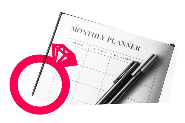 A monthly planner with a graphic of an engagement ring.