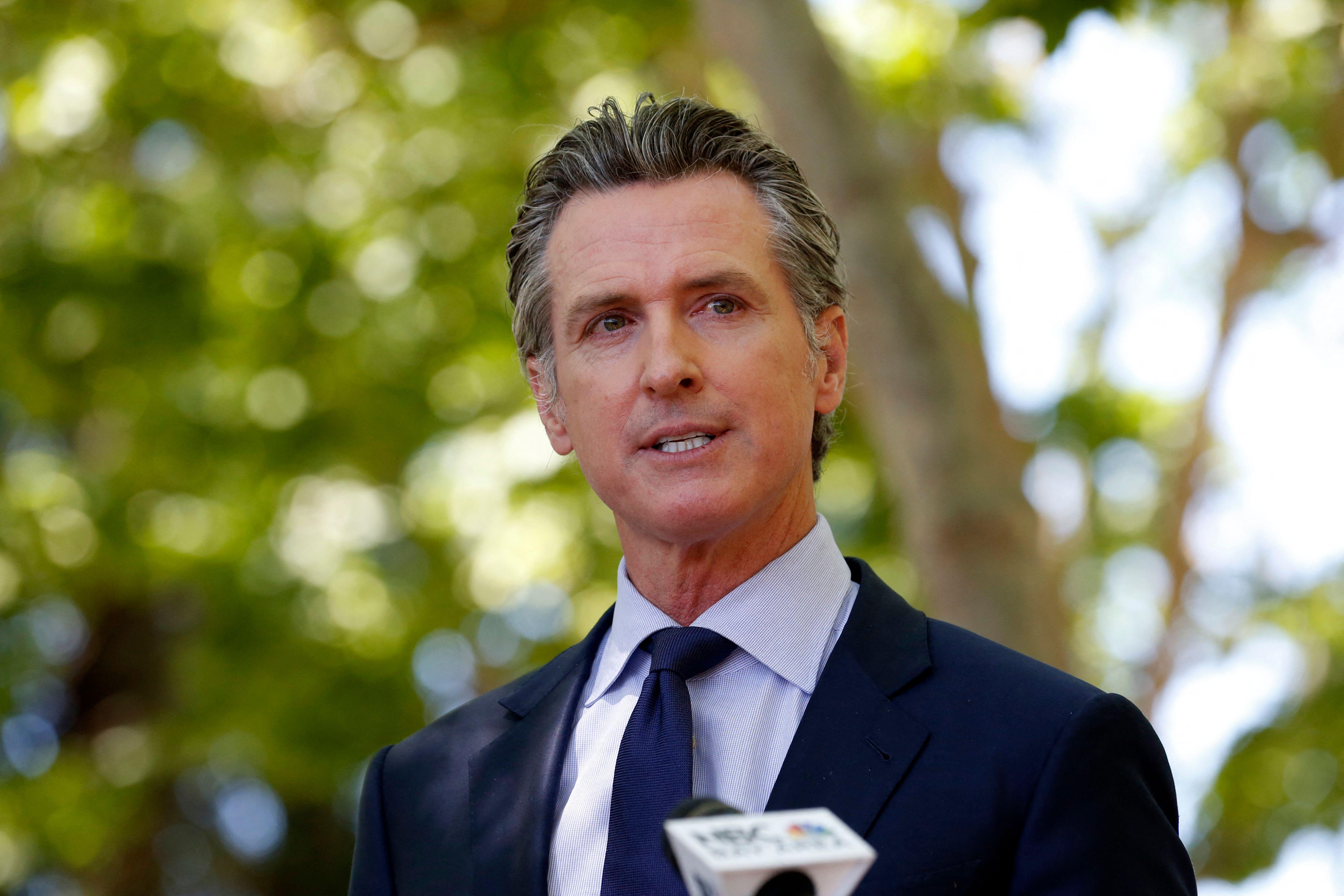 Gavin Newsom speaks into a microphone at a press conference outdoors.