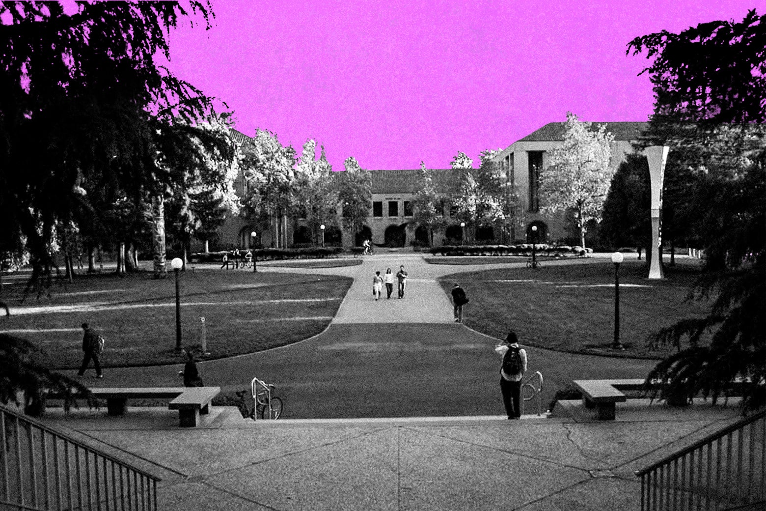 Stanford Law School is black and white in front of Slate's magenta Originalism theme. 