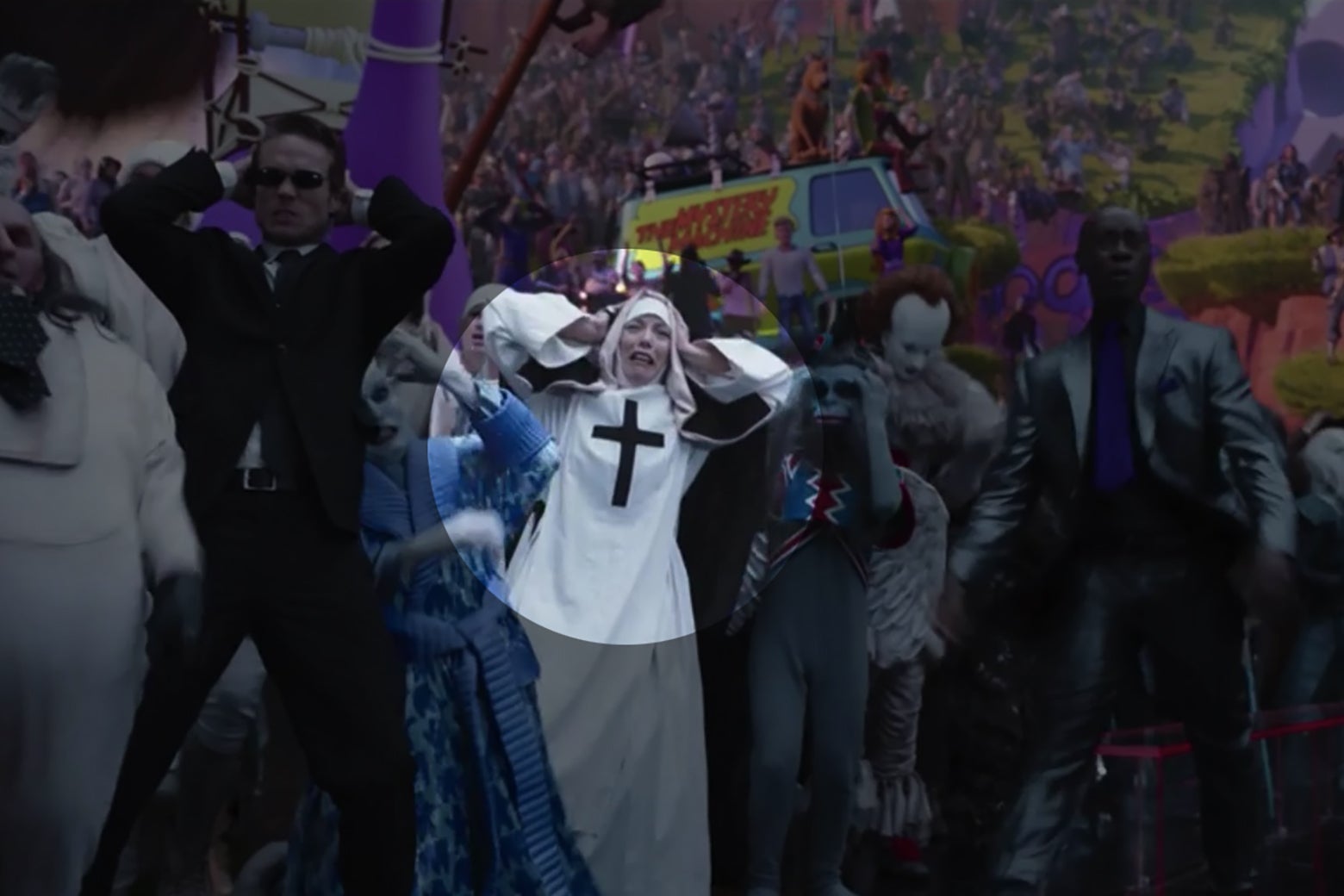 A shot of a cheering crowd from Space Jam: A New Legacy. One of the fans is dressed in a stylized nun's habit with a distinctive black cross on the breast.