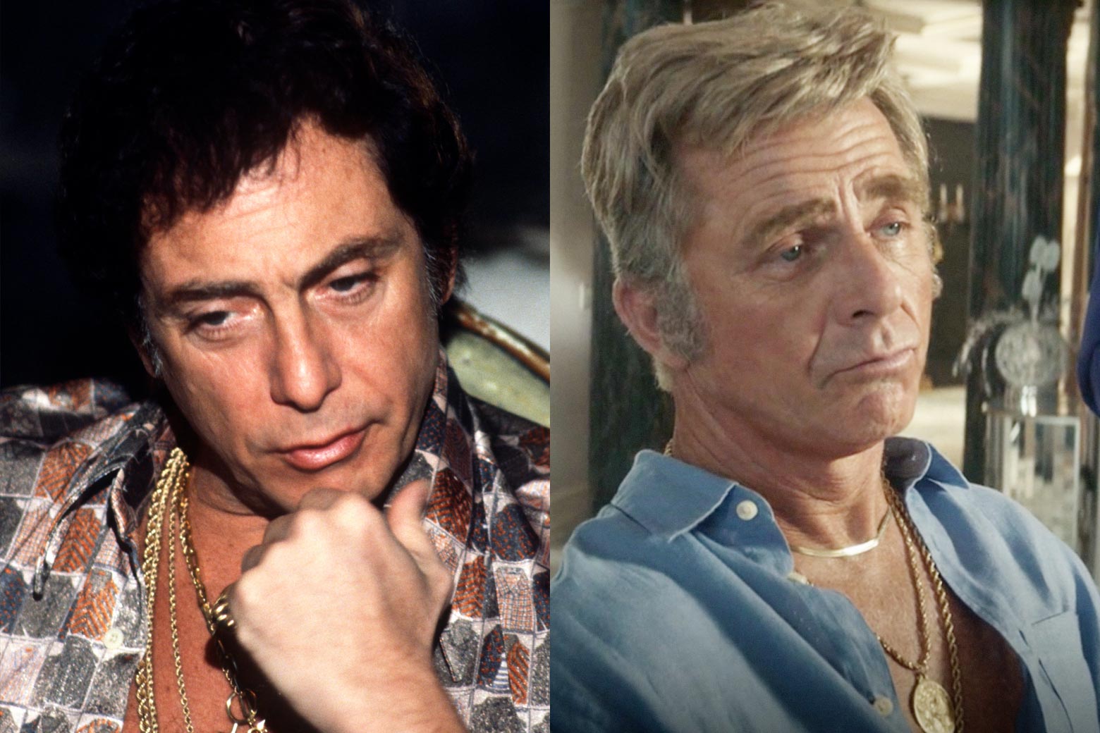Diptych of the real Guccione and Caulfield as Guccione, both wearing necklaces and shirts unbuttoned to the middle of the chest