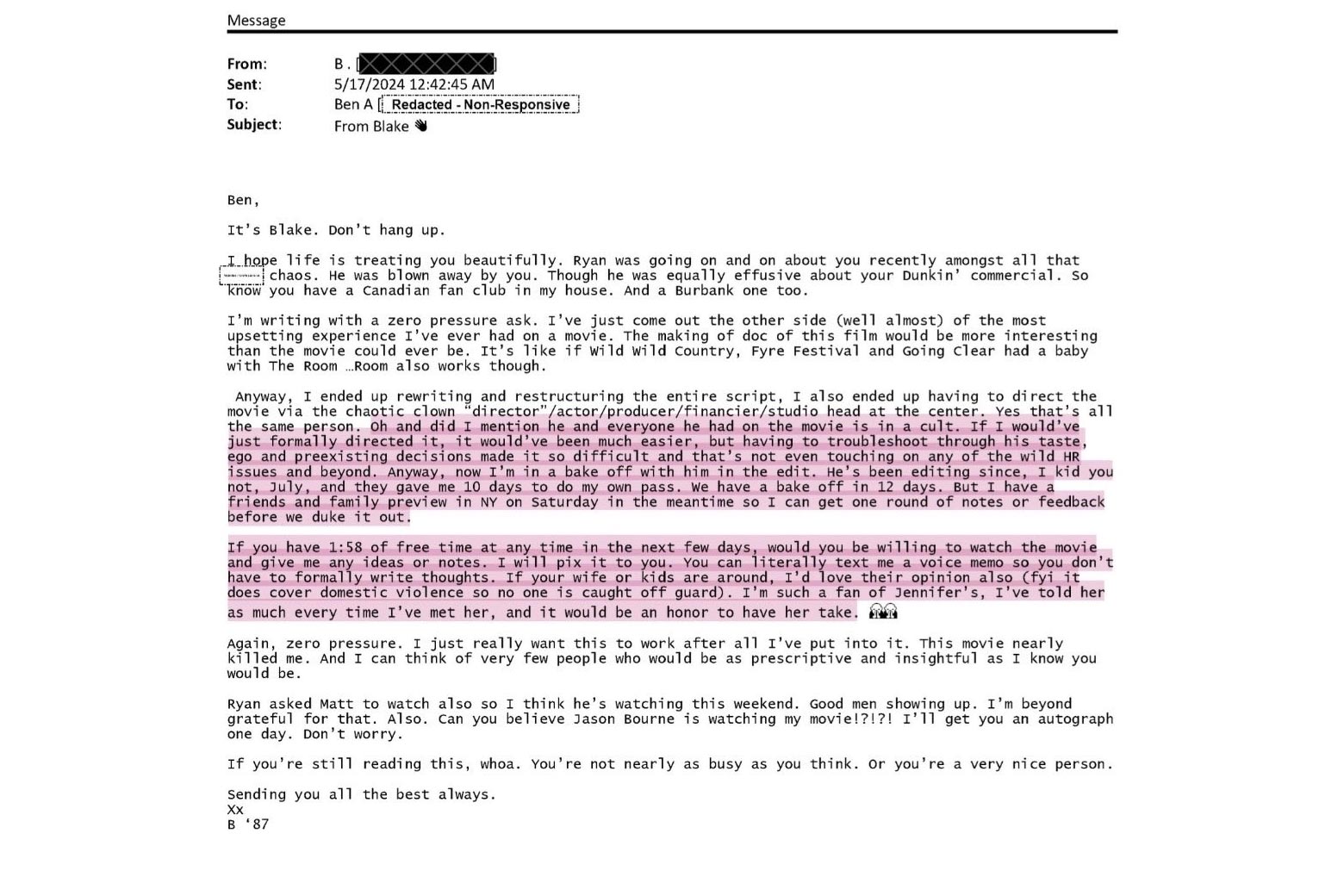 Blake Lively's email to Ben Affleck, charmingly asking him to watch and provide feedback on her cut of This Ends With Us.