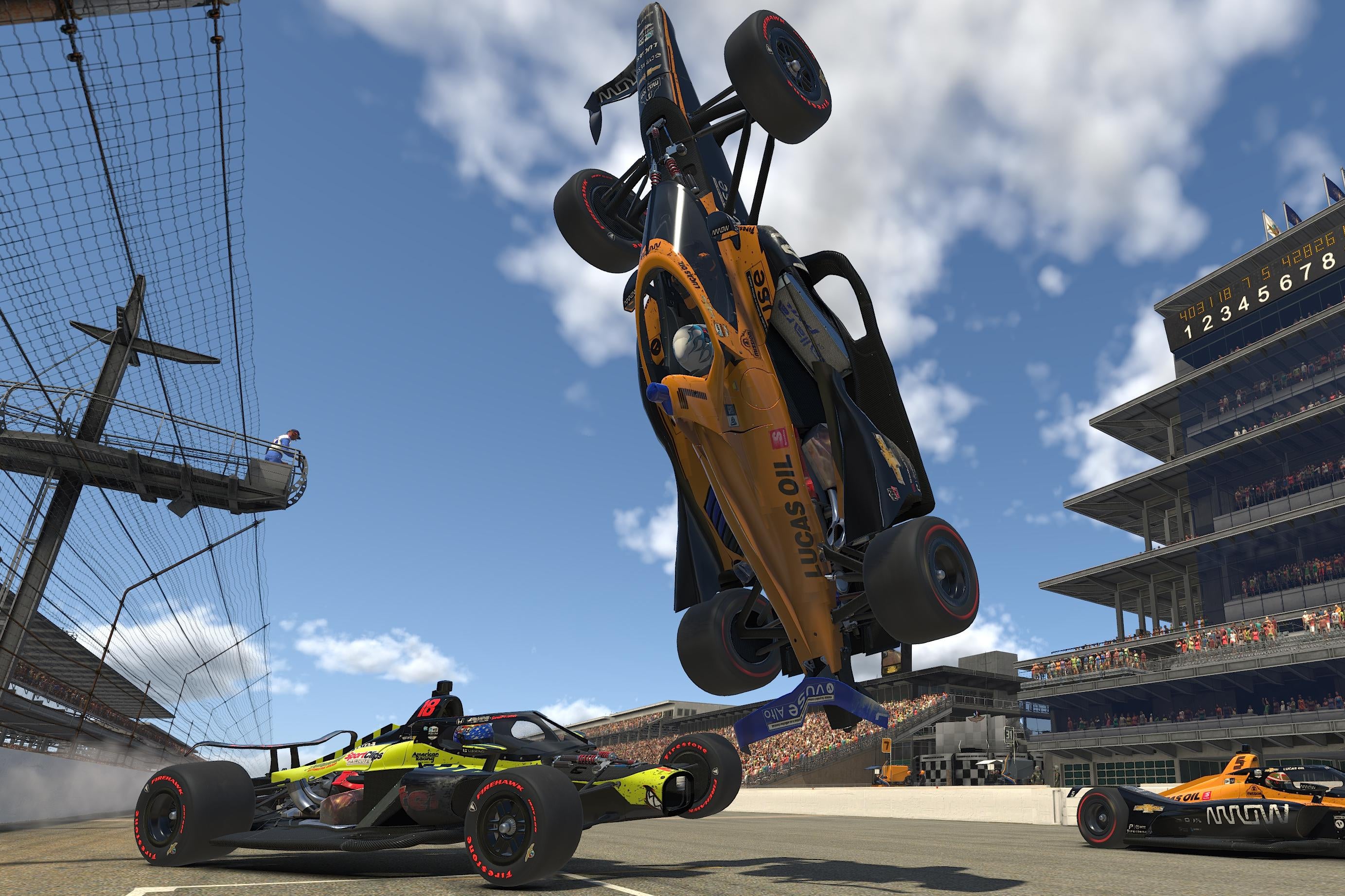 A virtual car spins and flips over another car on a racetrack.