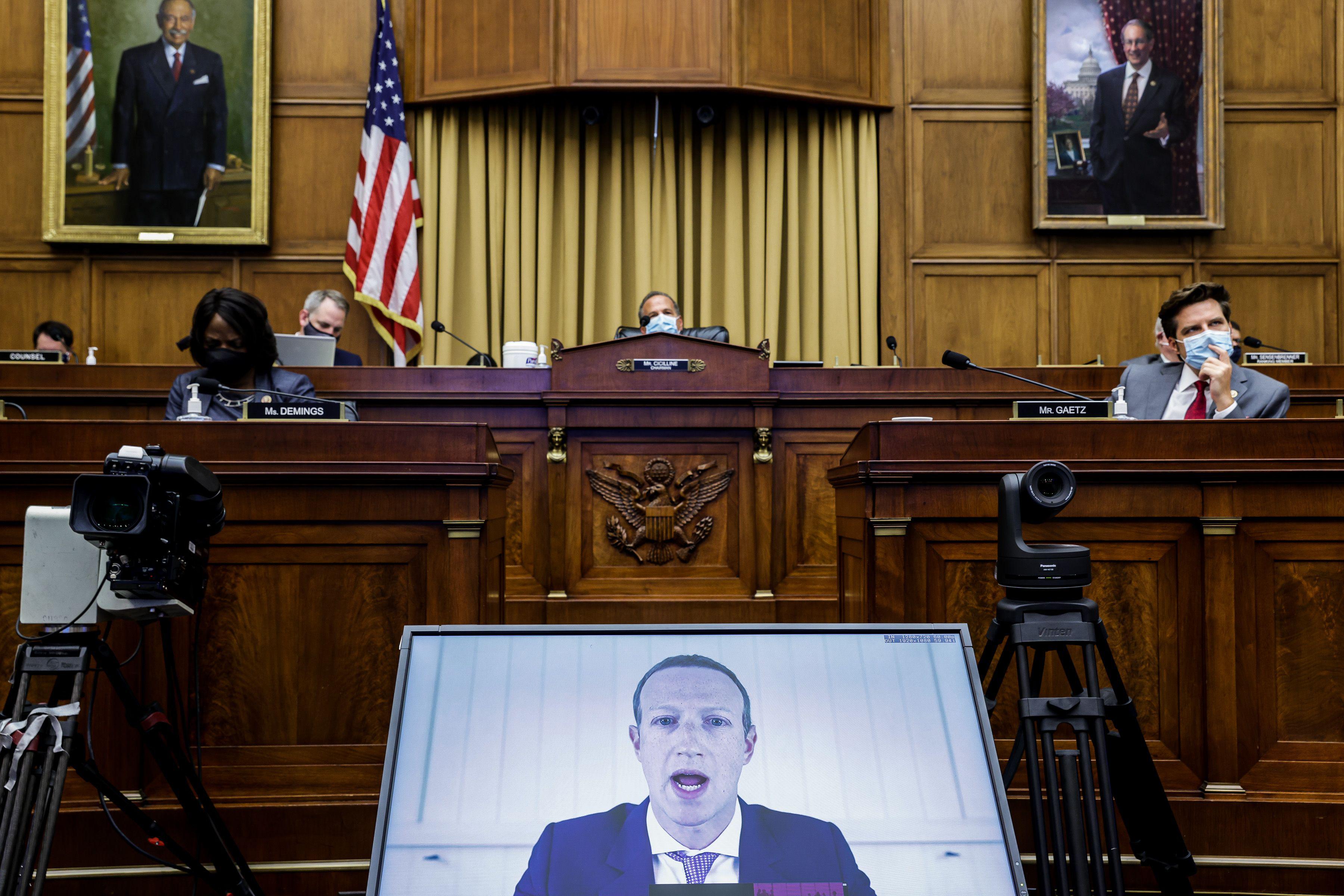 TOPSHOT - Facebook CEO Mark Zuckerberg testifies before the House Judiciary Subcommittee on Antitrust, Commercial and Administrative Law on "Online Platforms and Market Power" in the Rayburn House office Building on Capitol Hill in Washington, DC on July 29, 2020. (Photo by Graeme JENNINGS / POOL / AFP) (Photo by GRAEME JENNINGS/POOL/AFP via Getty Images)