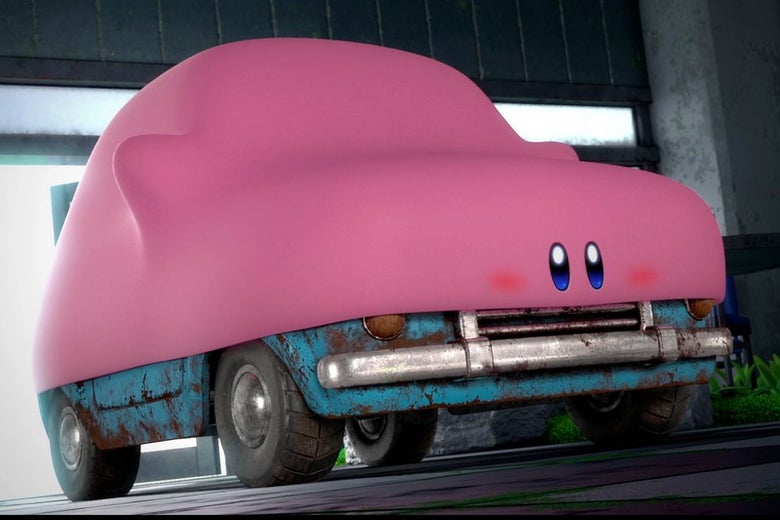 A dirty car is covered by a pink rubbery material with eyes.