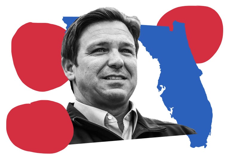Ron DeSantis and the outline of Florida.