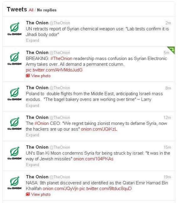 The Onion's Twitter feed suddenly developed an obsession with Syria on Monday afternoon.
