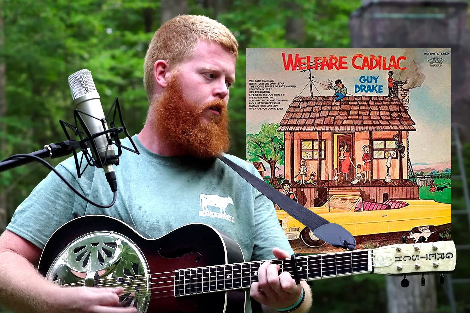 A photoillustration shows bearded, redhaired singer Oliver Anthony playing a resonator guitar while looking to his left. To his left, the old album cover for Guy Drake’s “Welfare Cadillac” shows a cartoonish drawing of a poor white family in a broken down shack with a bright yellow Cadillac parked out front.