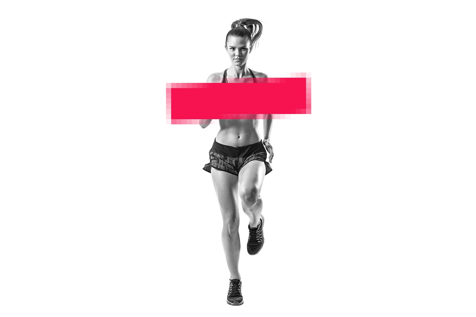 A woman jogs with a censor bar covering her chest.