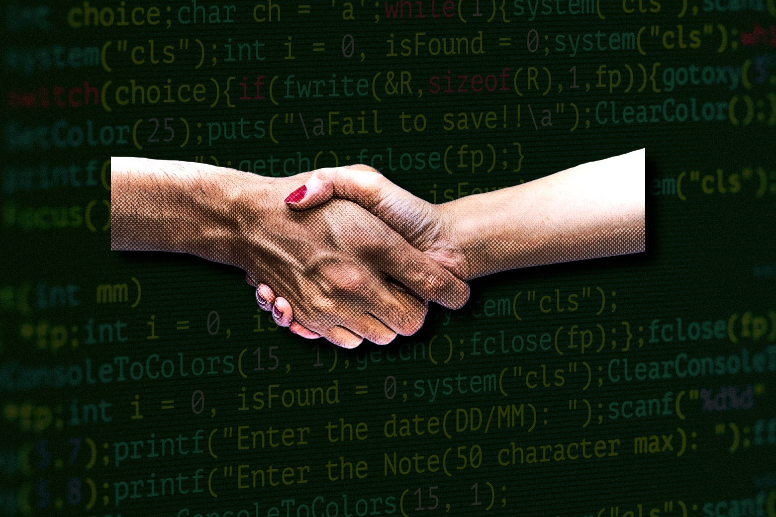 Two hands in a handshake, backdropped by lines of code.