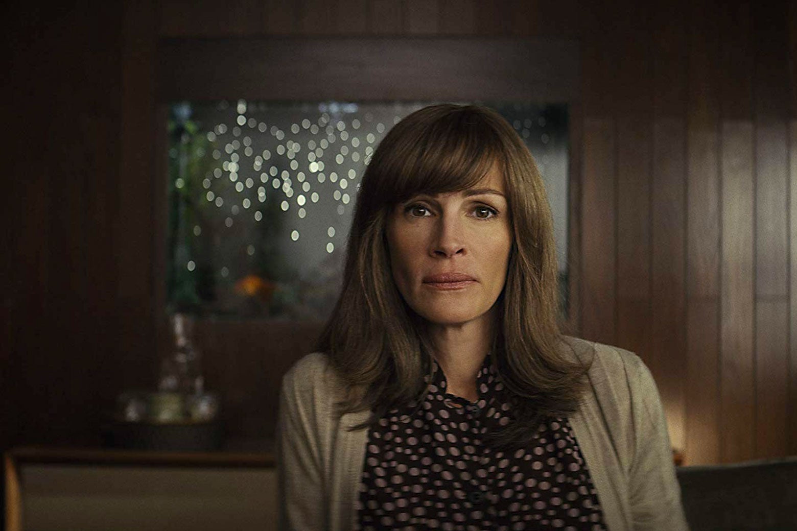 Julia Roberts not smiling, in a still from Homecoming.