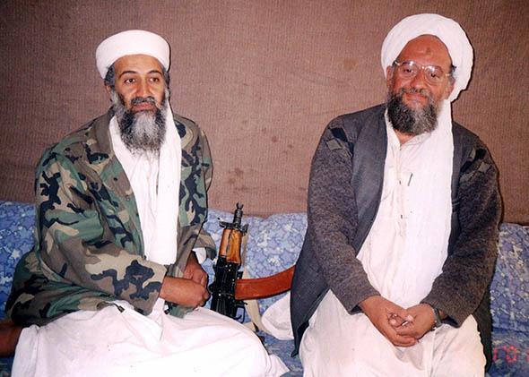 Osama Bin Laden sits with adviser Ayman al-Zawahiri.