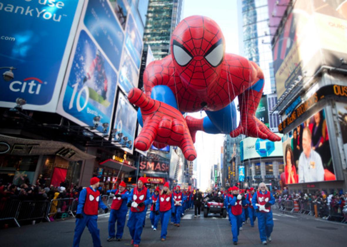 The Spiderman balloon makes its way through Times Square in Macy's Thanksgiving Day parade.