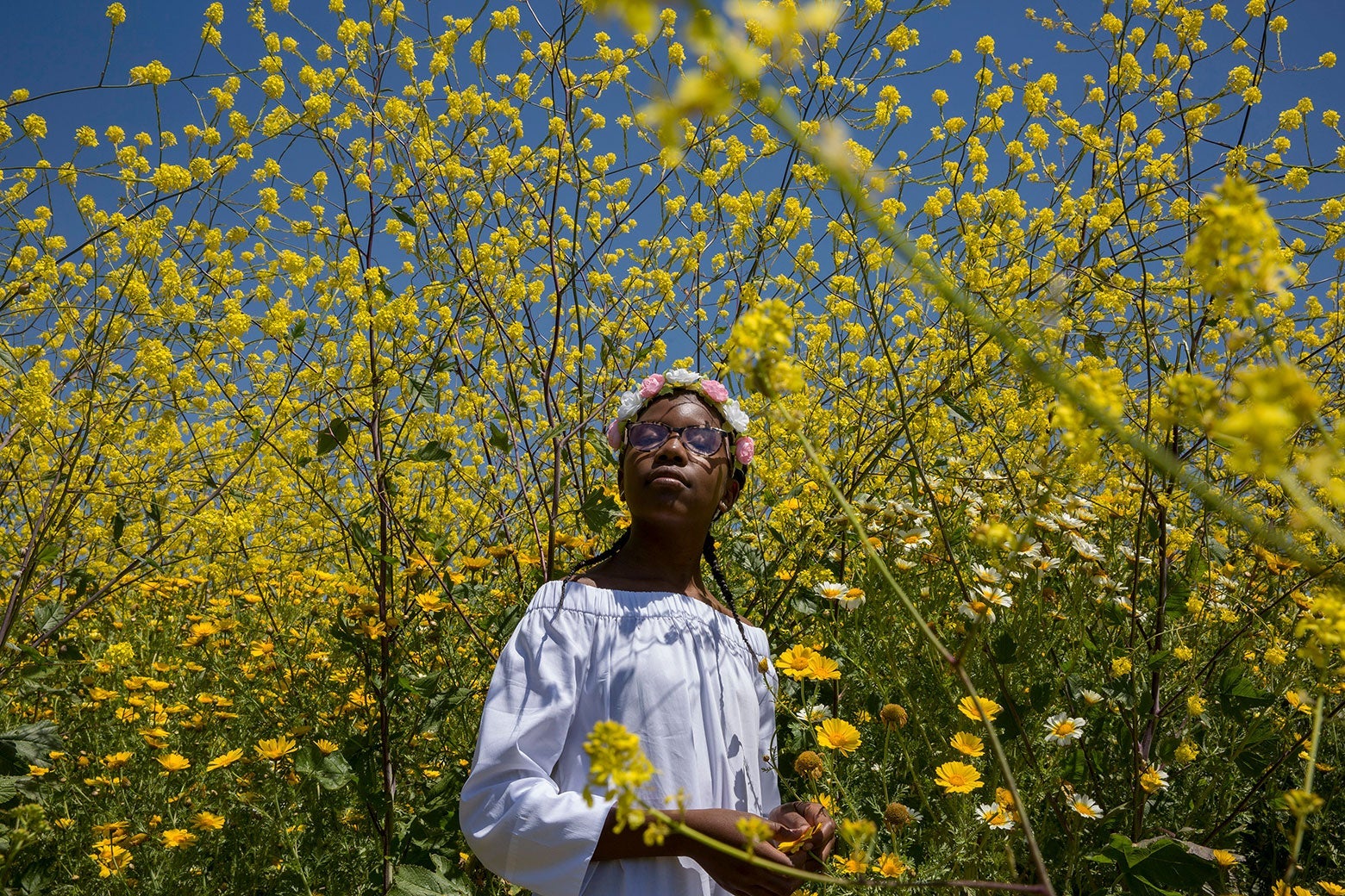 A Black girl stands surrounded by wildflowers in a still from the movie.