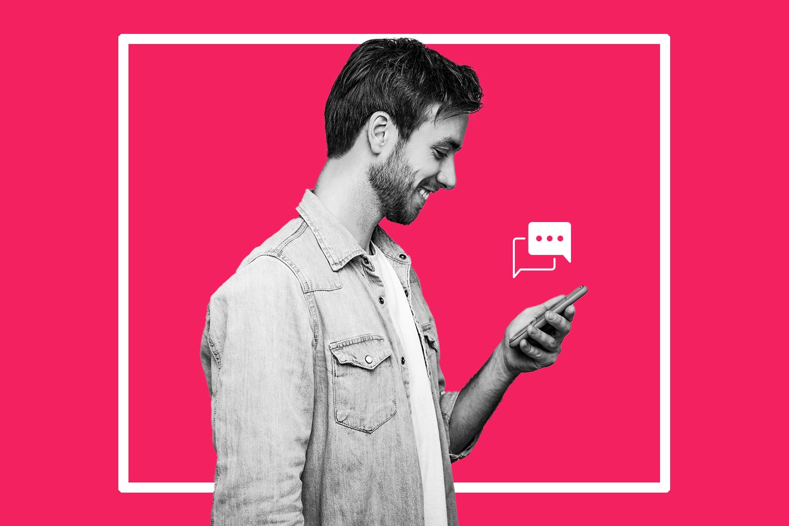 A man looks at his phone, which has an illustrated texting bubble above it.