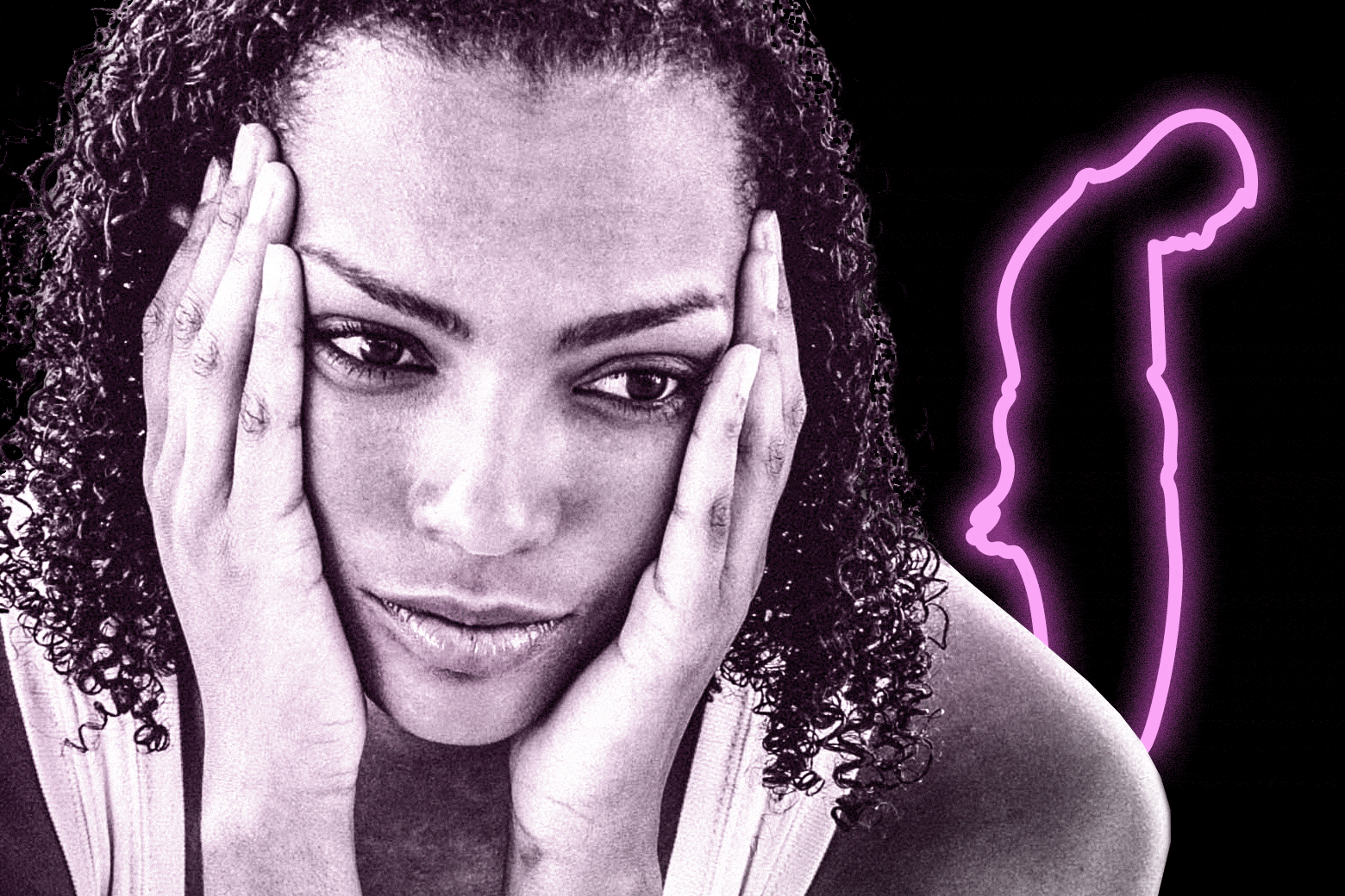 Photo illustration of a frustrated woman with a sad man in neon behind her