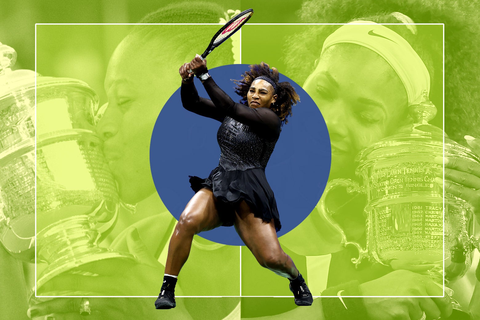 Serena hitting a backhand at the 2022 U.S. Open. In the background, photos of her kissing the trophy (left) and hugging it (right) after winning the Open in 1999 and 2012. An illustrated tennis court border and scrim frames all three photos.