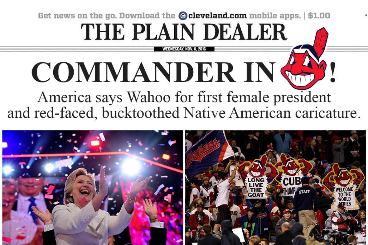 Left: Hillary Clinton clapping and cheering as confetti falls on her. Right: Indians fans holding up Chief Wahoo signs in the stands.