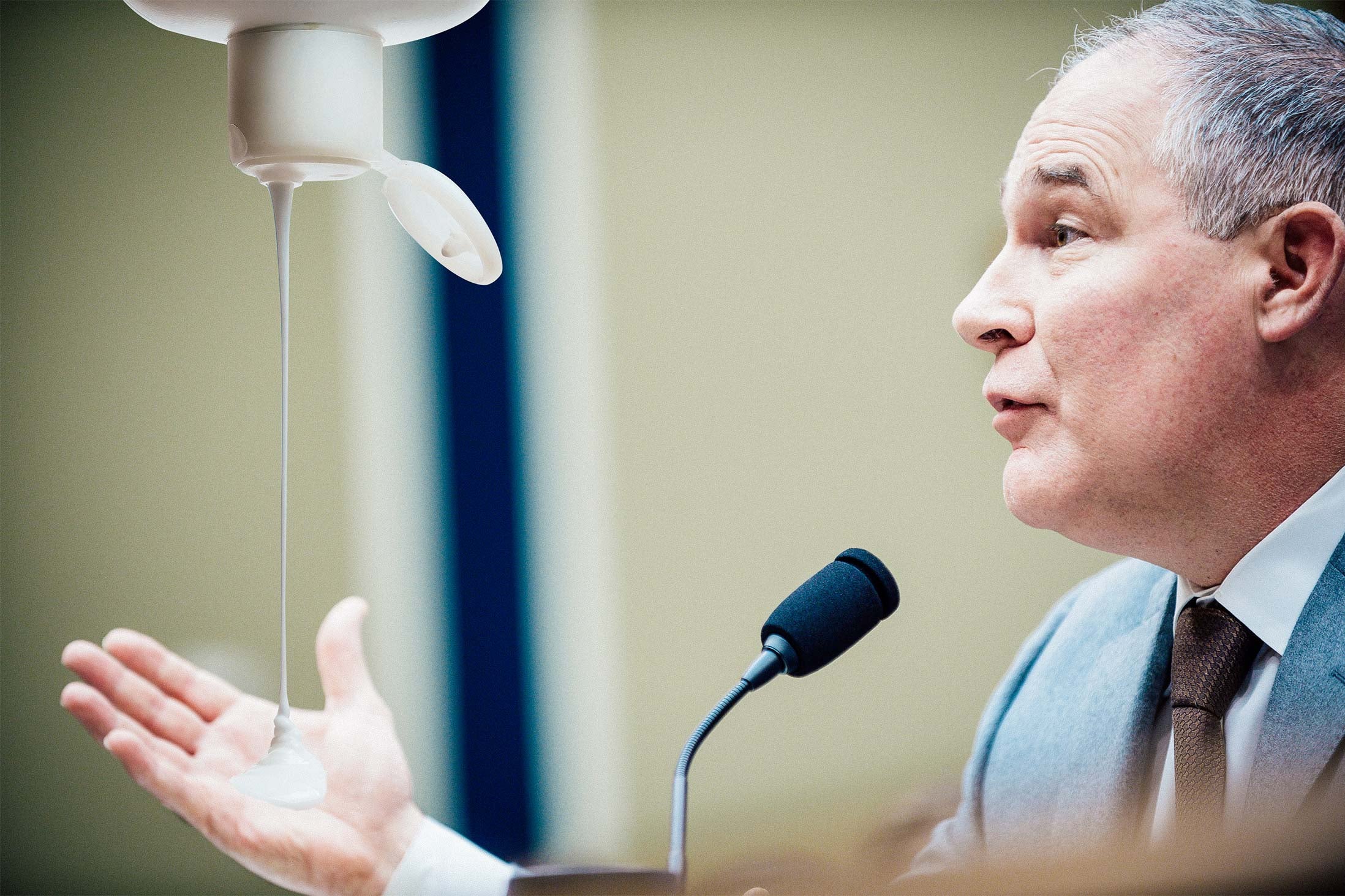 Pruitt gestures with his right hand as it is filled by a giant photoshopped bottle of lotion.