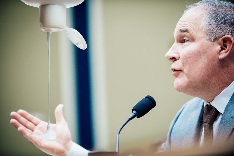 Pruitt gestures with his right hand as it is filled by a giant photoshopped bottle of lotion.