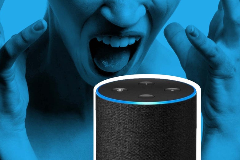 A person yelling at her Amazon Echo